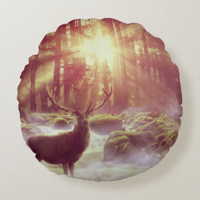 Male Deer in Misty Woods at Sunrise Round Pillow (Front)