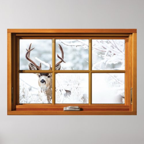 Male Deer in The Snow Window Illusion Poster