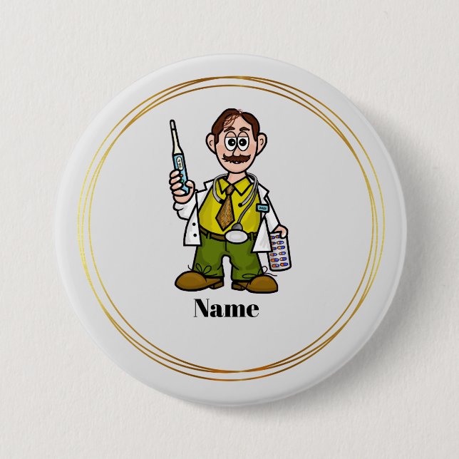 Male Doctor Holding Thermometer and Pills Button (Front)