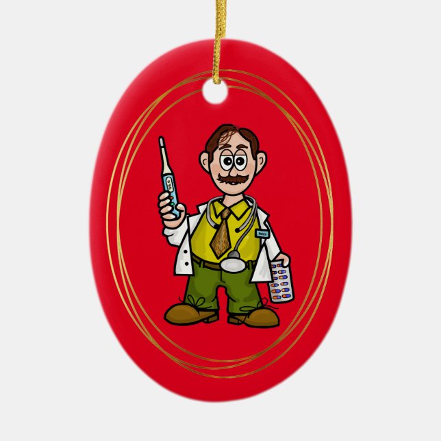 Male Doctor with Thermometer and Pills Ornament    (Front)