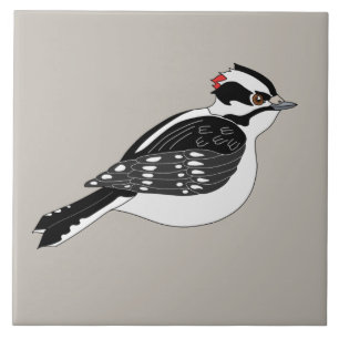 Male Downy Woodpecker Bird with Red Head Ceramic Tile