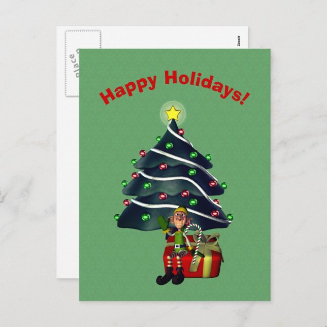 Male Elf Christmas Tree Holiday Postcard (Front/Back)