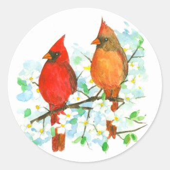 Male Female Cardinal Birds Dogwood Tree Classic Round Sticker by CountryGarden at Zazzle