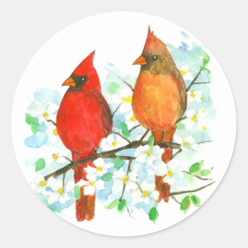 Male Female Cardinal Birds Dogwood Tree Classic Round Sticker