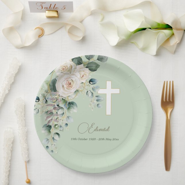 Male Funeral Christian Photo Elegant Rose  Paper Plates (Wedding)