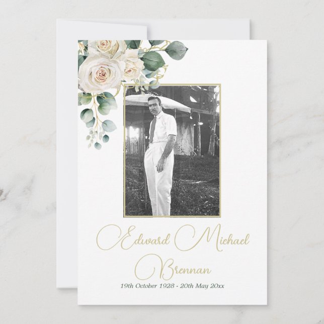 Male Funeral Memorial Photo Elegant Floral  Invitation (Back)