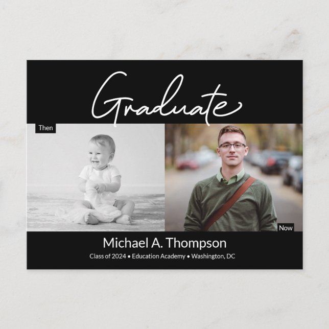 Male Graduate Script Then and Now Grad Photo Announcement Postcard (Front)
