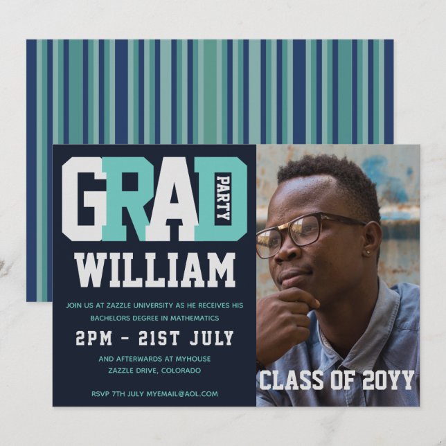 Male GRADUATION PHOTO invitation Blue Turquoise (Front/Back)