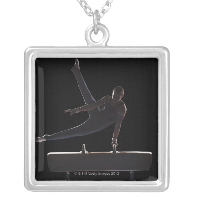Male gymnast on pommel horse silver plated necklace (Front)