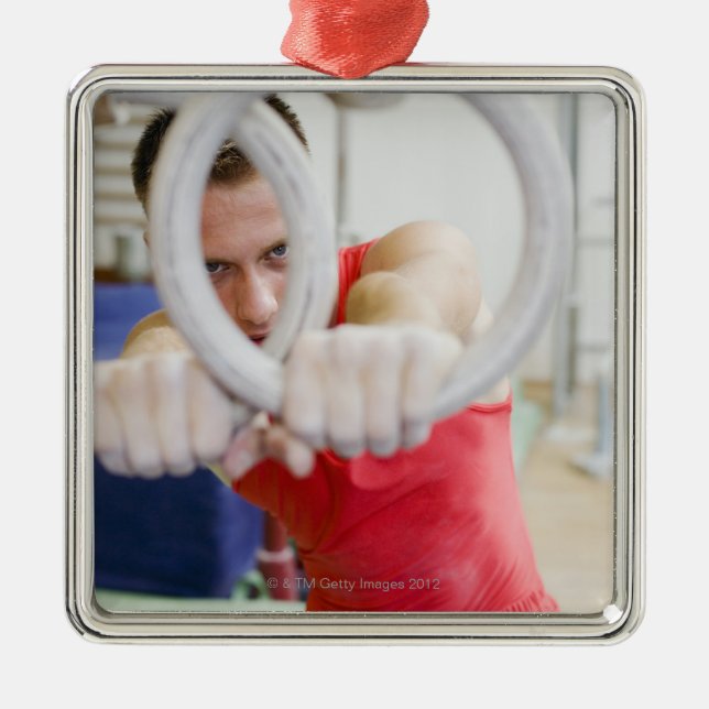 Male gymnast on rings metal ornament (Front)