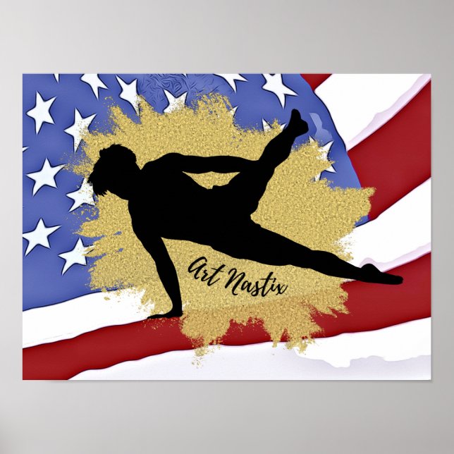 Male Gymnast Silhouette Art - American Flag  Poster (Front)