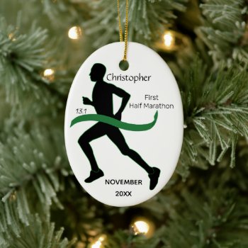 Male Half Marathon Runner Green Ribbon Ornament by NightOwlsMenagerie at Zazzle