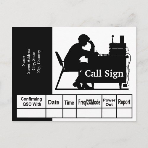 Male Ham Radio Operator Black Silhouette QSL Card
