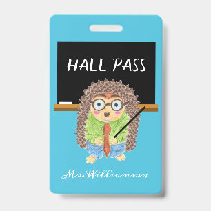 Male Hedgehog Teacher Blue Hall Pass Badge