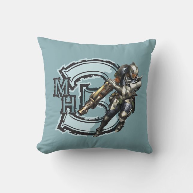 Male Hunter with Bowgun, Steel Armor Throw Pillow (Front)