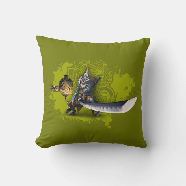 Male hunter with long sword & lagiacrus armor 3 throw pillow (Front)