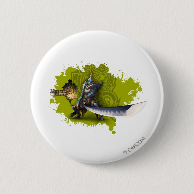 Male hunter with long sword & lagiacrus armor pinback button (Front)