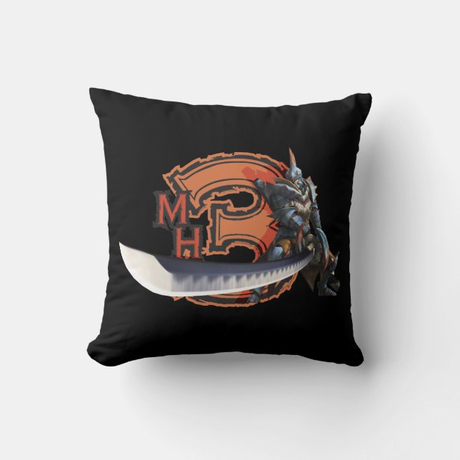 Male hunter with long sword & lagiacrus armor throw pillow (Front)