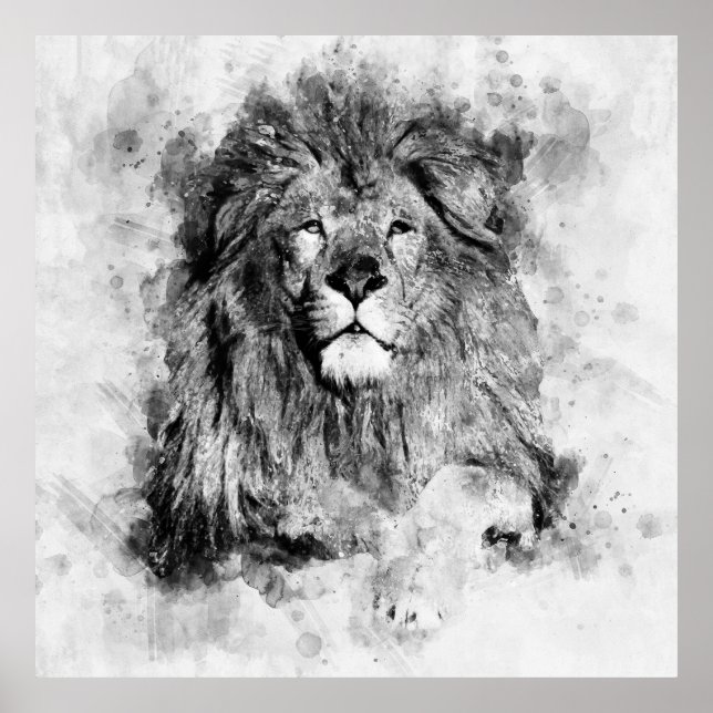 Male Lion Black and White Watercolor Portrait Poster (Front)
