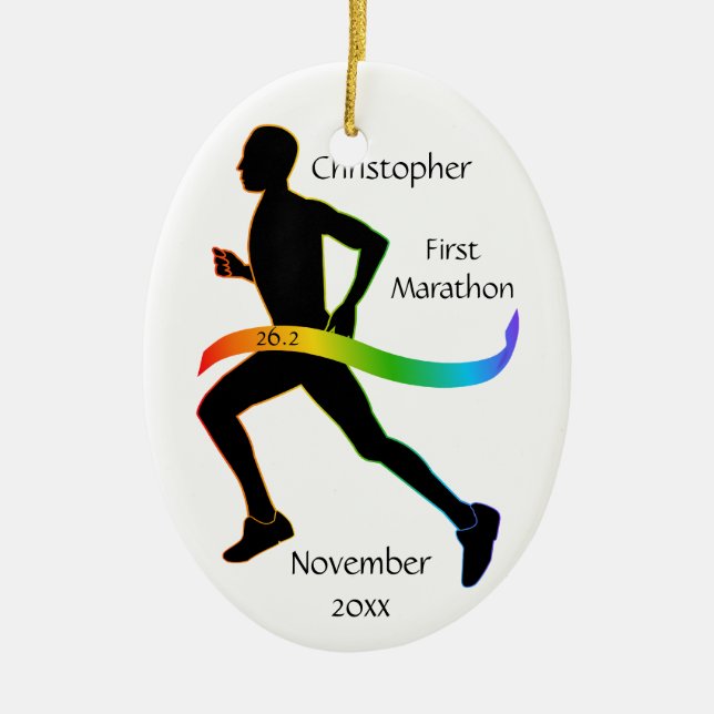 Male Marathon Runner Rainbow Ribbon Ornament (Front)