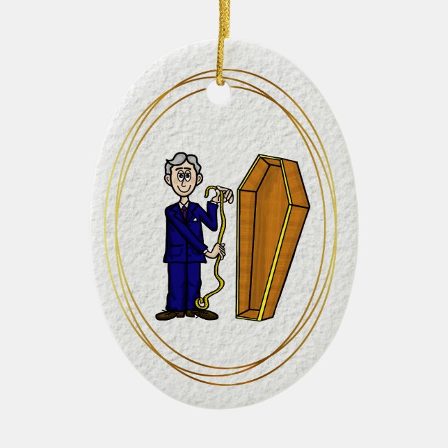 Male Mortician Measuring Coffin Ornament           (Front)