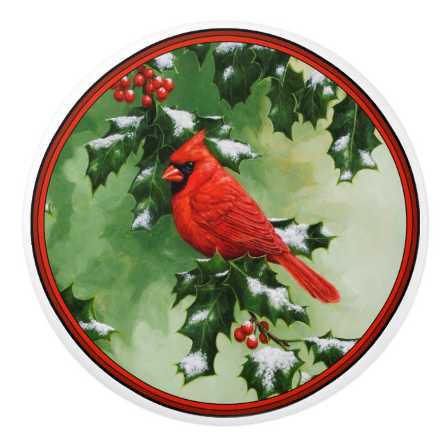 Male Northern Cardinal and Holly Ceramic Knob (Front)