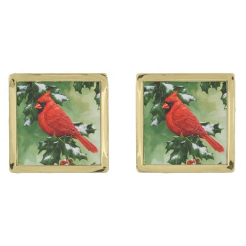 Male Northern Cardinal and Holly Gold Cufflinks