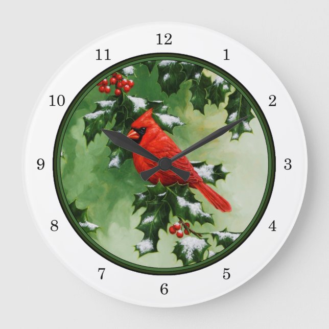 Male Northern Cardinal and Holly Large Clock (Front)