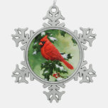 Male Northern Cardinal and Holly Snowflake Pewter Christmas Ornament