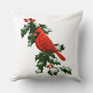 Male Northern Cardinal and Holly Throw Pillow