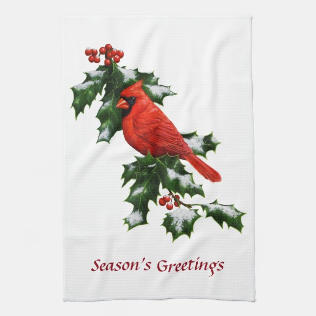 Male Northern Cardinal and Holly Towel (Vertical)