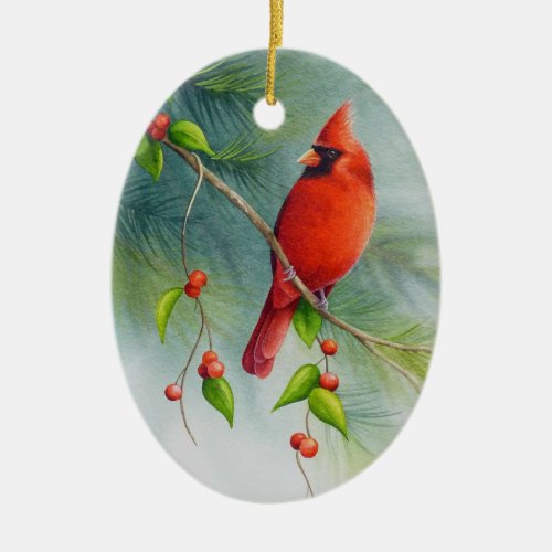 Male Northern Cardinal Bird Watercolor Art Ceramic Ornament