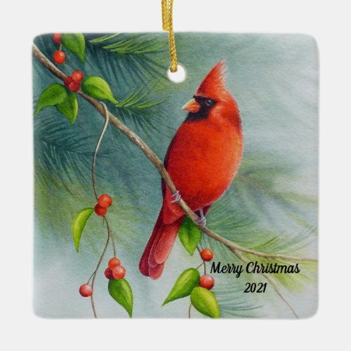 Male Northern Cardinal Bird Watercolor Art Ceramic Ornament
