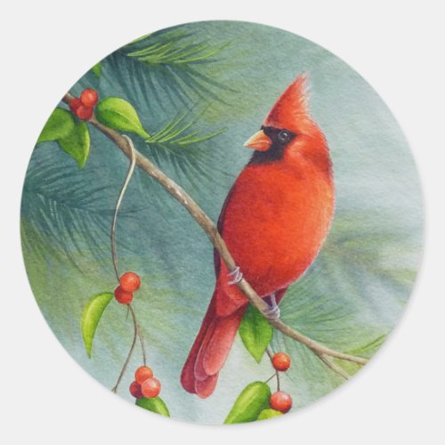 Male Northern Cardinal Bird Watercolor Art Classic Round Sticker