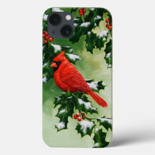 Male Northern Red Cardinal Bird  Holly Branch iPhone 13 Case