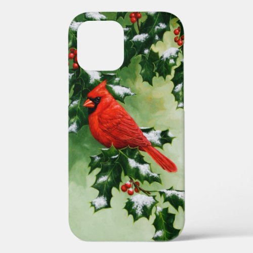 Male Northern Red Cardinal Bird  Holly Branch iPhone 12 Case