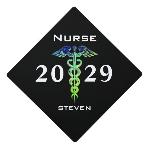 Male Nurse Black Blue Caduceus Personalized Graduation Cap Topper