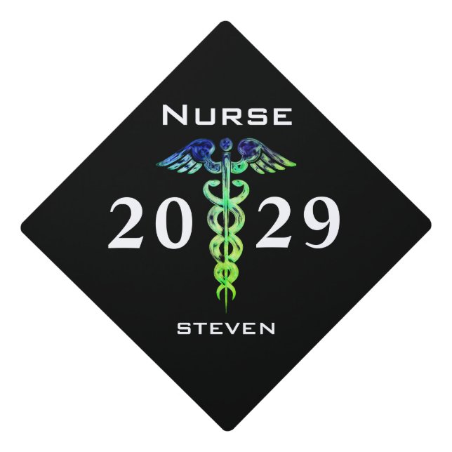 Male Nurse Black Blue Caduceus Personalized Graduation Cap Topper (Front)