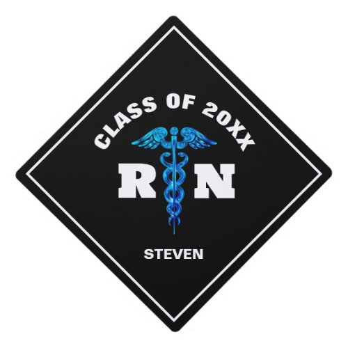 Male Nurse Black Blue Caduceus Personalized Graduation Cap Topper