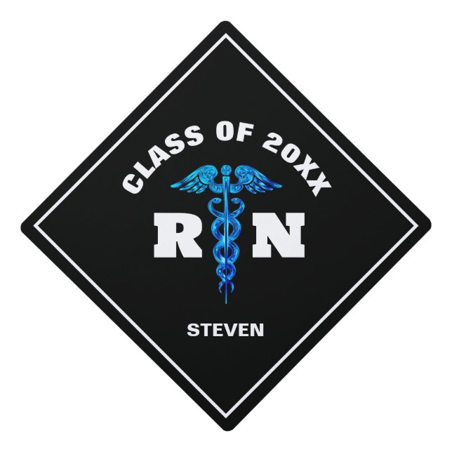 Male Nurse Black Blue Caduceus Personalized Graduation Cap Topper (Front)