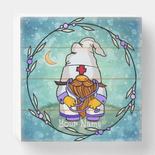 Male nurse gnome  wooden box sign (Front Horizontal)
