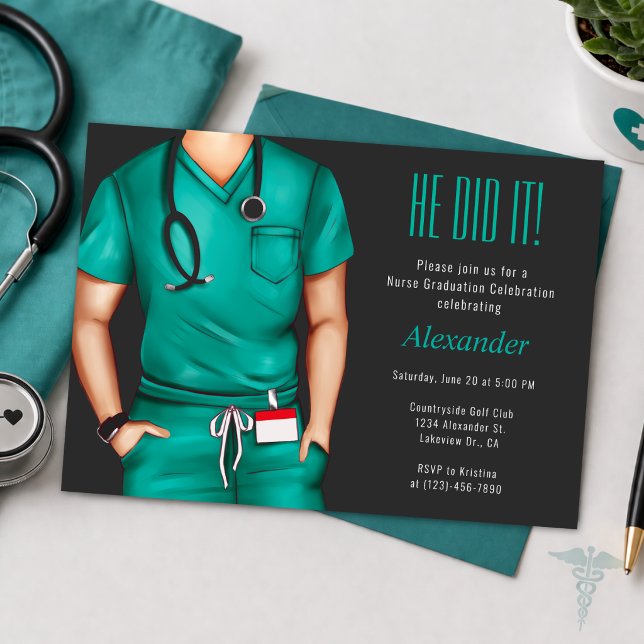 Male Nurse Graduation Party Invite (He Did It Nurse Graduation Invite for Him, Modern Teal Medical Theme, Celebrate His Big Day 🎓)
