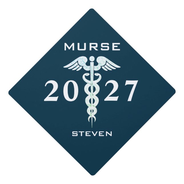 Male Nurse Navy Blue White Caduceus Personalized  Graduation Cap Topper (Front)