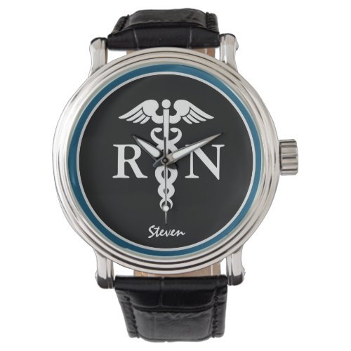 Male Nurse RN Caduceus Blue Black Customized Watch