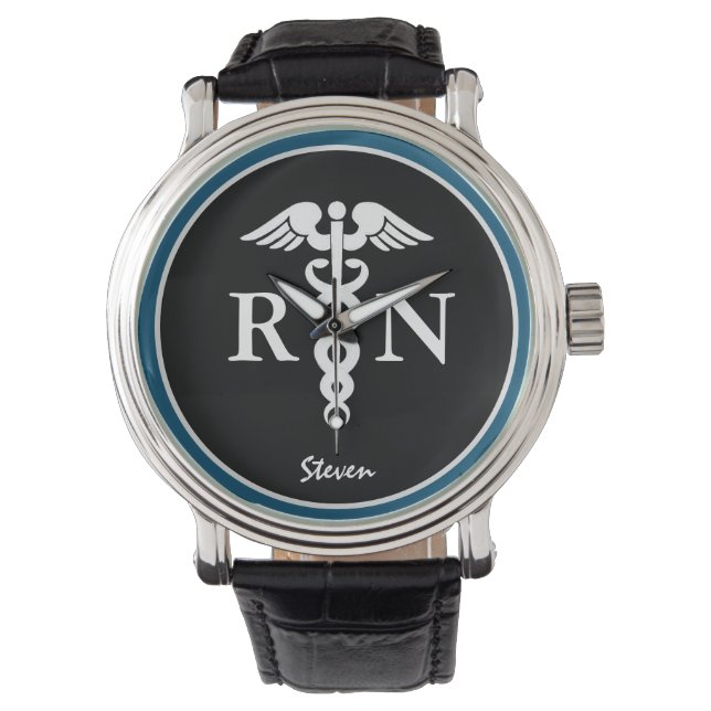 Male Nurse RN Caduceus Blue Black Customized Watch (Front)