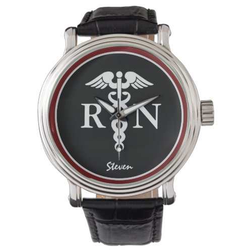 Male Nurse RN Caduceus Modern Black Burgundy Watch