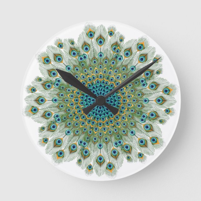 Male Peacock Colorful Mandala Round Clock (Front)