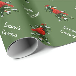 Male Red Cardinal and Holly Green Wrapping Paper