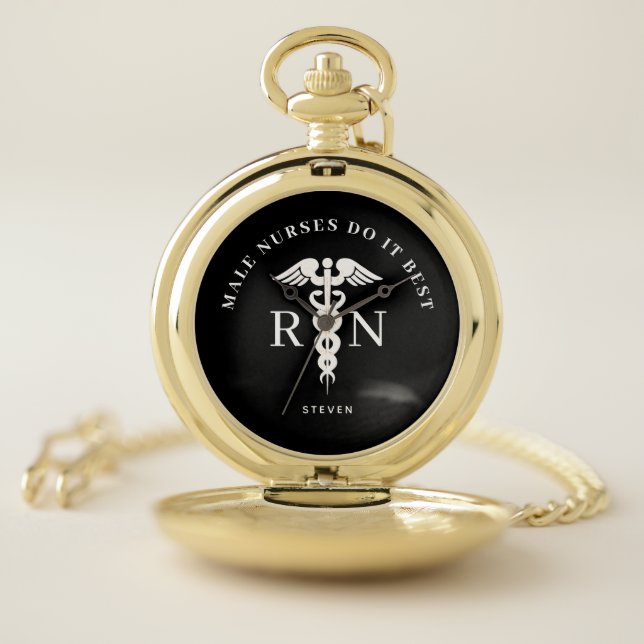Male Registered Nurse Graduate Monogram Gold Pocket Watch (Inside)