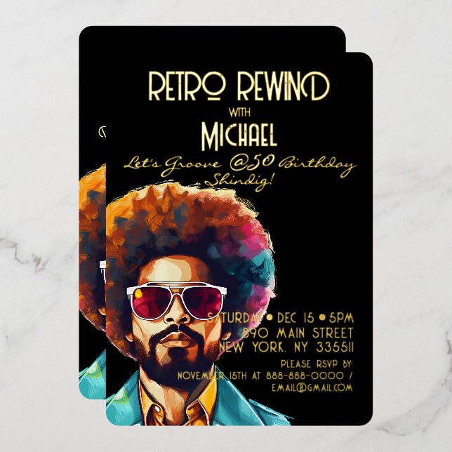 Male Retro Rewind 50th Birthday Shindig Party Foil Invitation (Front/Back)